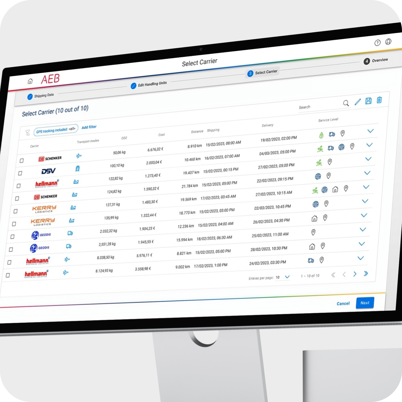 Carrier overview screen