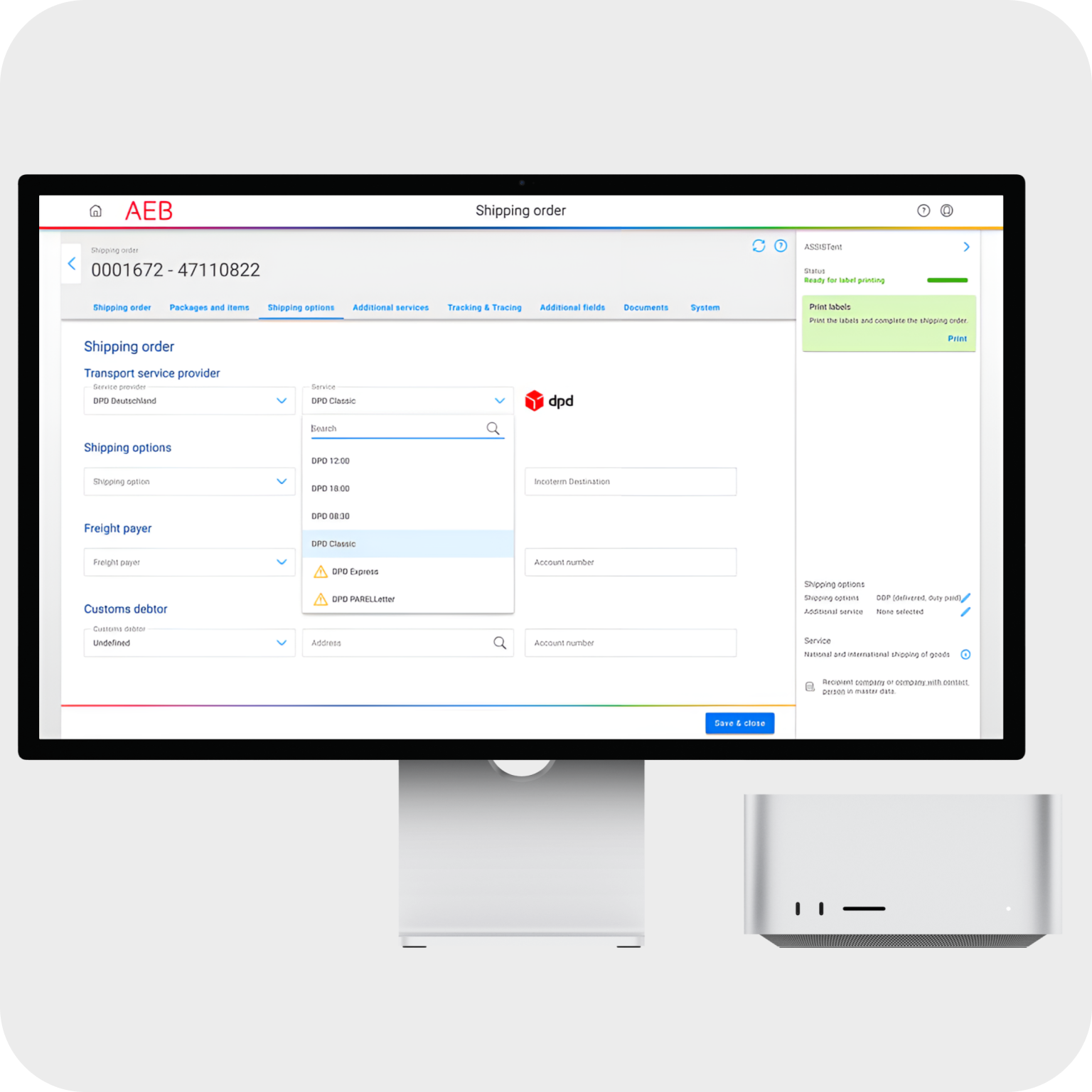 Shipping order screen